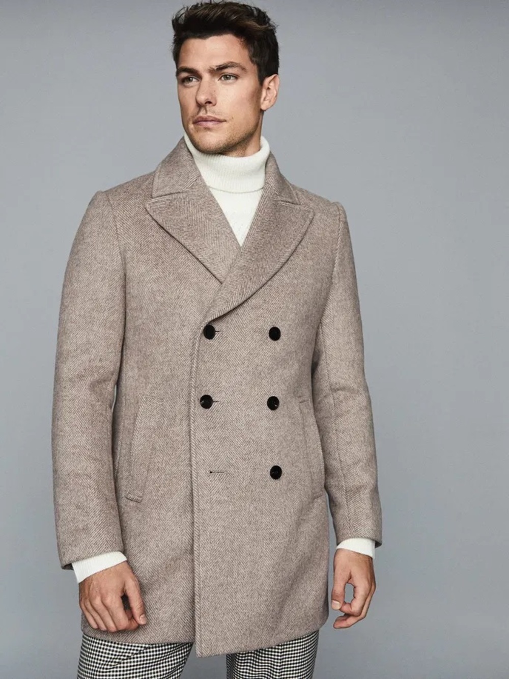 Reiss mens M Medium wool blend Duomo double breast oatmeal pea coat EUC